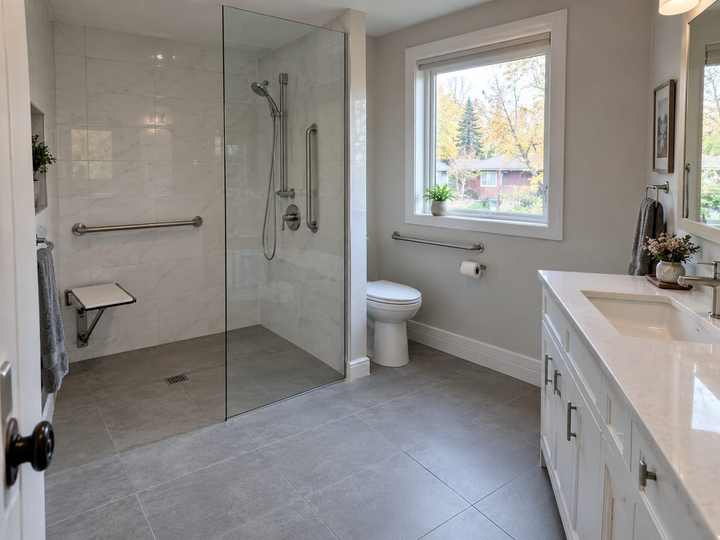 A newly renovated walk-in shower with a grab bar in an Oakville home