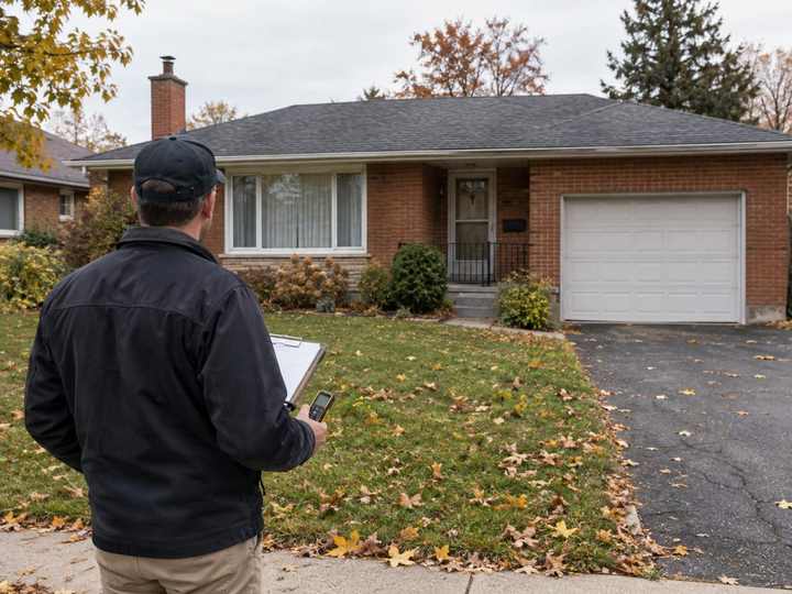 Appraiser measuring the outside of an Oakville bungalow