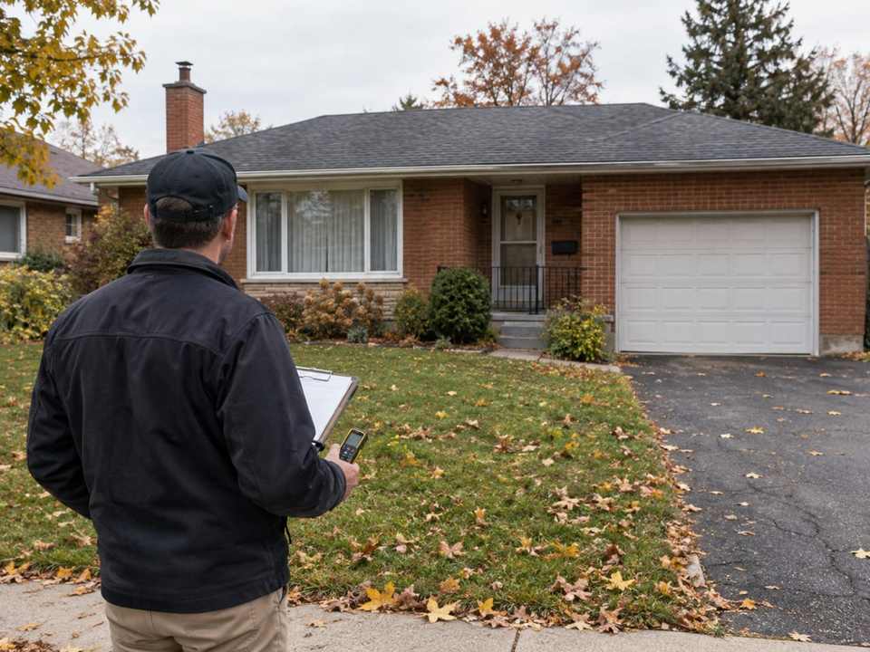 Appraiser measuring the outside of an Oakville bungalow