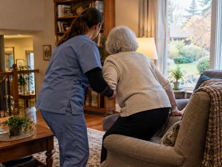 A caregiver helping an older woman in the living room of an Oakville home