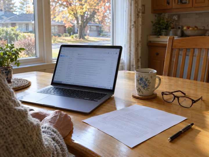 A laptop and mortgage papers on a kitchen table in an Oakville home