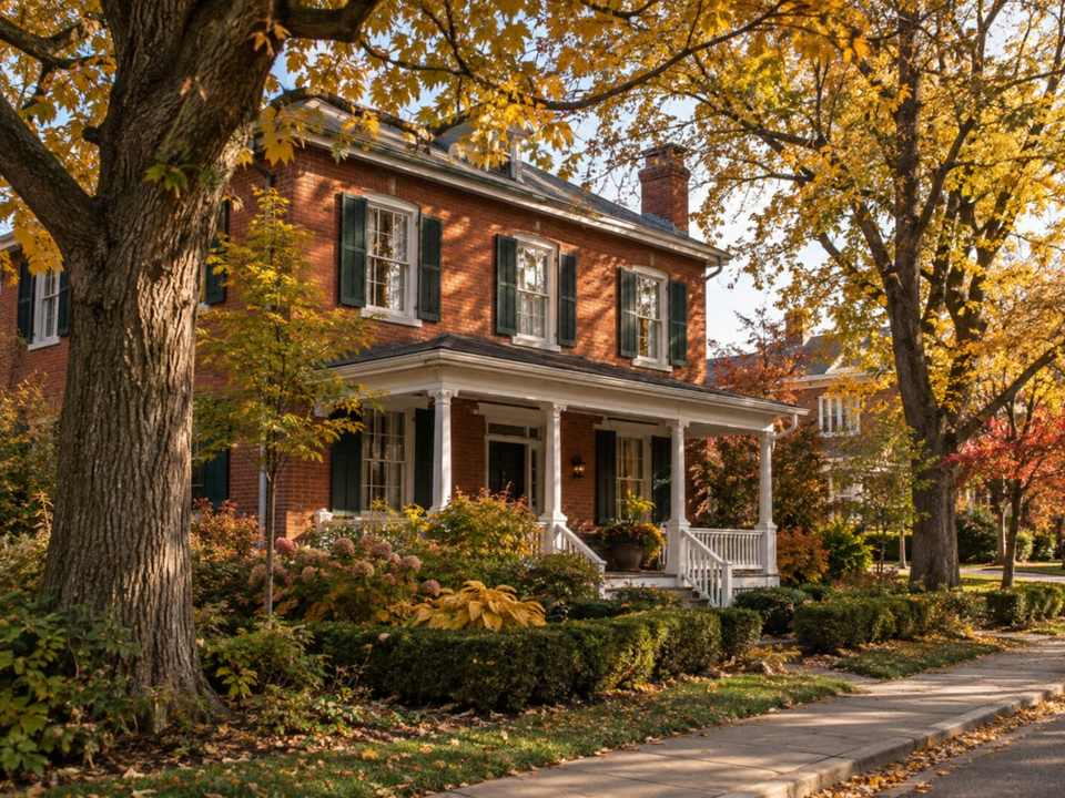 A red brick heritage house with a white front porch on a tree-lined street in Old Oakville in autumn