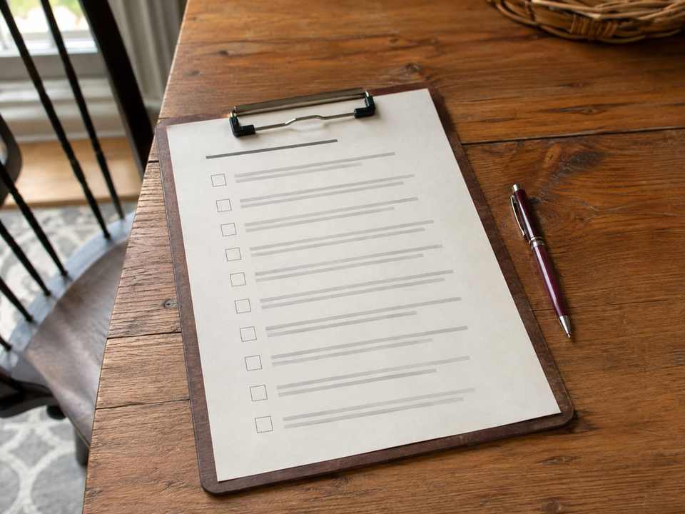 A printed checklist on a clipboard with a pen on a wooden desk
