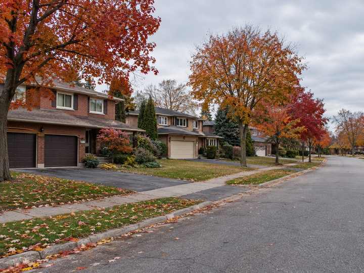 Tree-lined Oakville street of brick homes in autumn