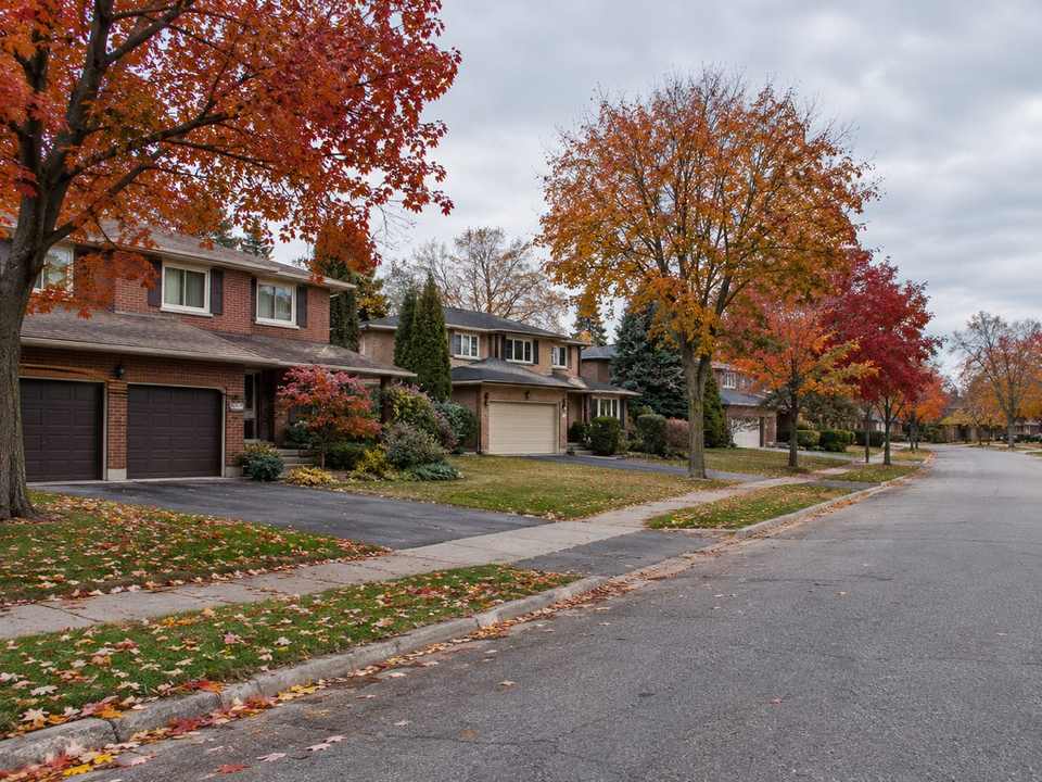 Tree-lined Oakville street of brick homes in autumn